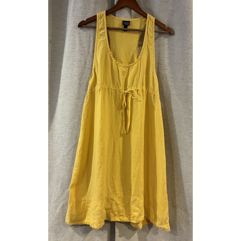 Eileen Fisher Tank Tunic A-line Dress Size M Womans Yellow 100% Linen Drawstring